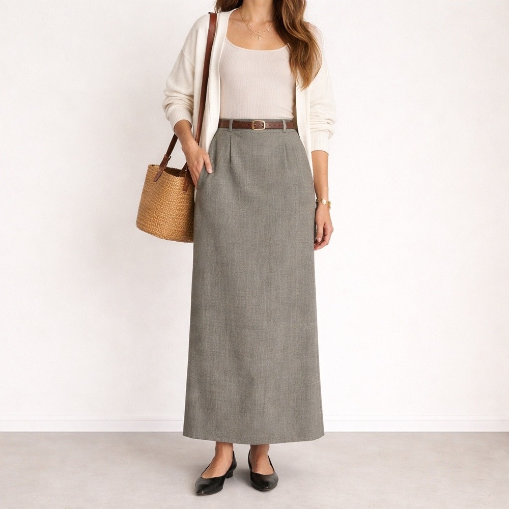 Vintage Gray Beige‎ 100% Worsted Wool Maxi Skirt Old Money High Waist Size 6 26"